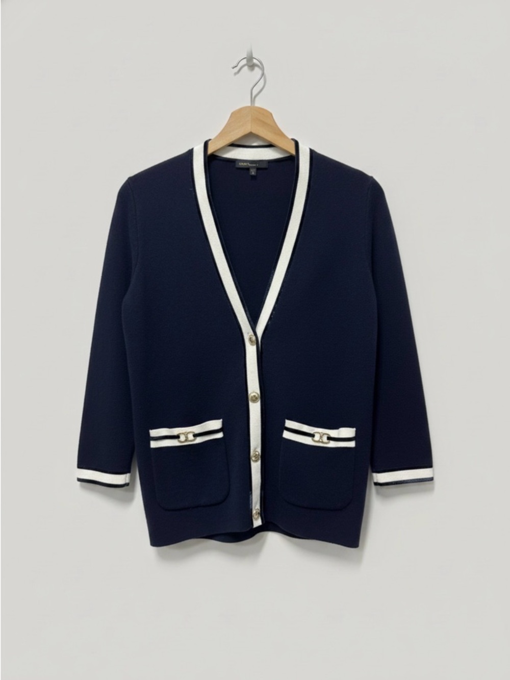 Maje Navy Cardigan with White Trim and Gold Buttons - Classic V-Neck